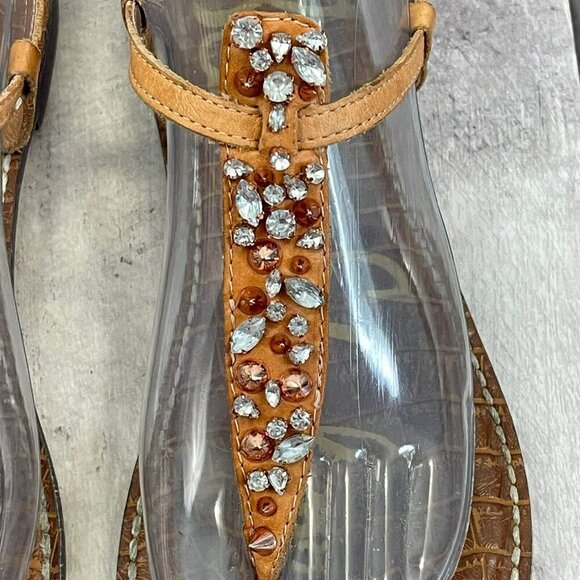 Sam Edelman Rhinestone Studded Gwyneth T Strap Thong Sandal Tan Flats Sz 8.5 - Picture 3 of 10